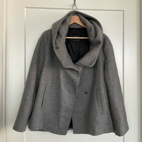 Zara Jackets & Coats Zara Wool Grey Oversized Collar Wrap Pea Coat